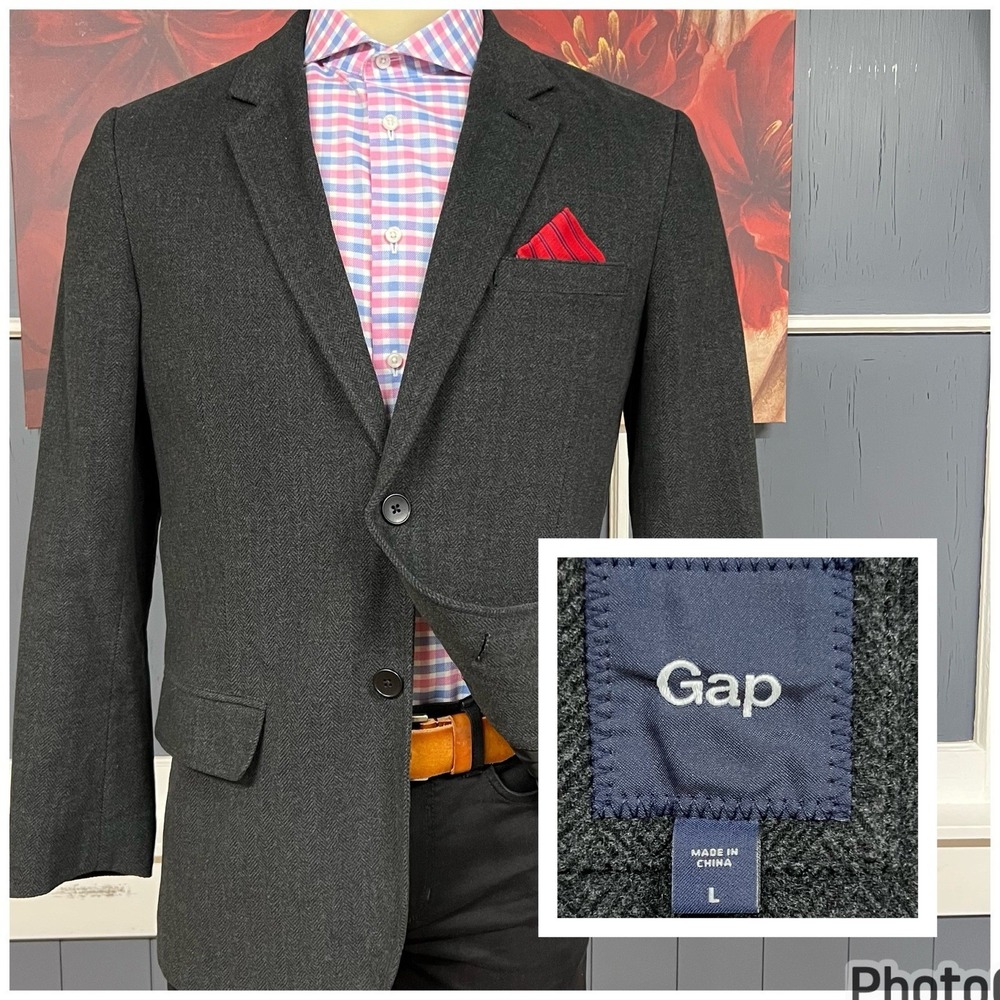 GAP Knit Blazer Sport Coat Mens Sz Large (42R) Cotton Polyester Herringbone Gray